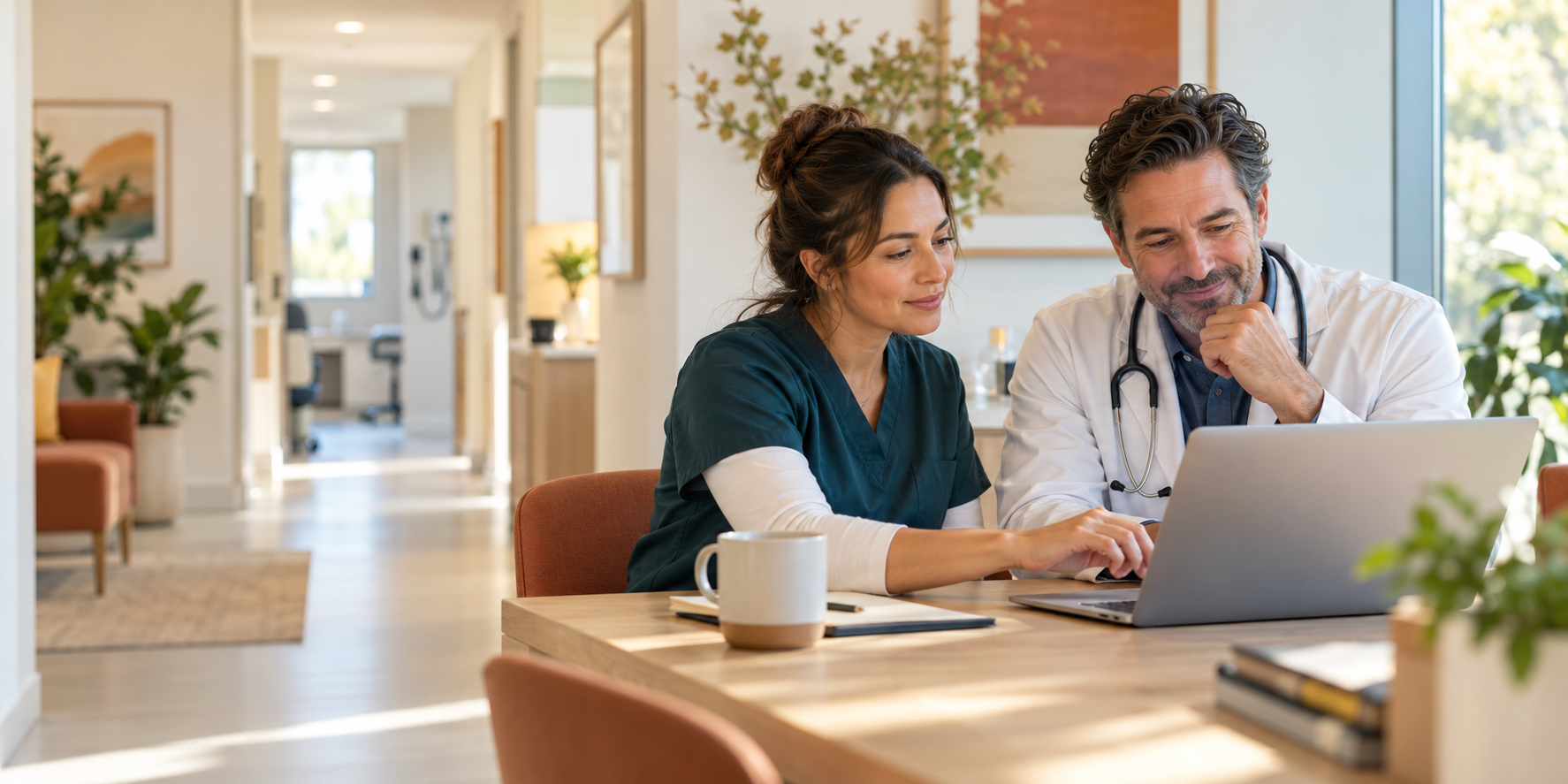 A physician and medical assistant working together in a bright medical practice